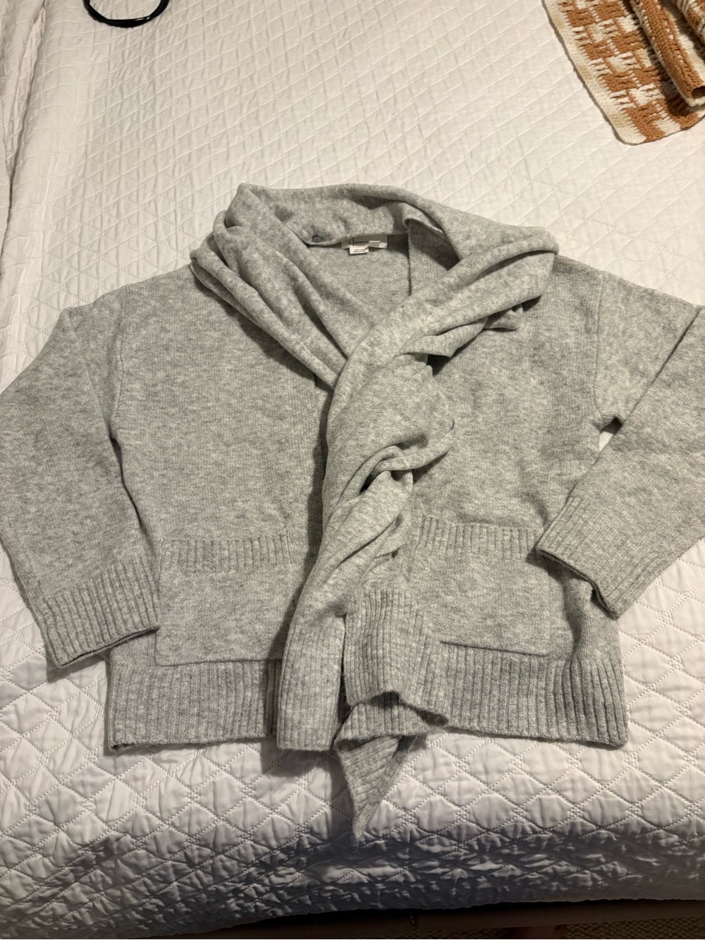 Anthropologie Grey Knit Open Front Cardigan with attachable Scarf